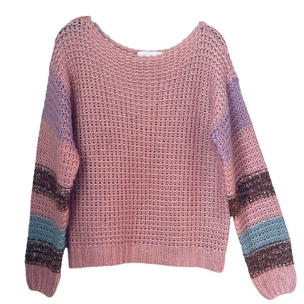 Anthropologie Heartloom Pink Multicolor Stripe Metallic Accent Sweater Sz Small